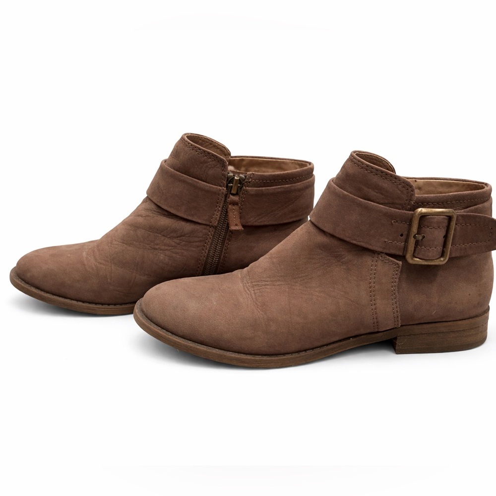 Franco Sarto Brown Leather‎ Ankle Boots Womens 7M Buckle Zip Low Heel Booties